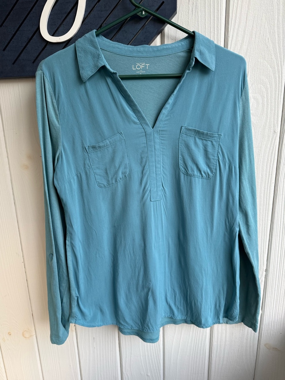 LOFT Dusty Blue Collared V-Neck Long Sleeve Blouse